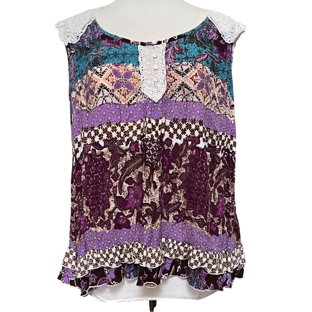 Boho Cottagecore Patchwork Sleeveless‎ Top Tank Lace Tiered Ruffles size 1X